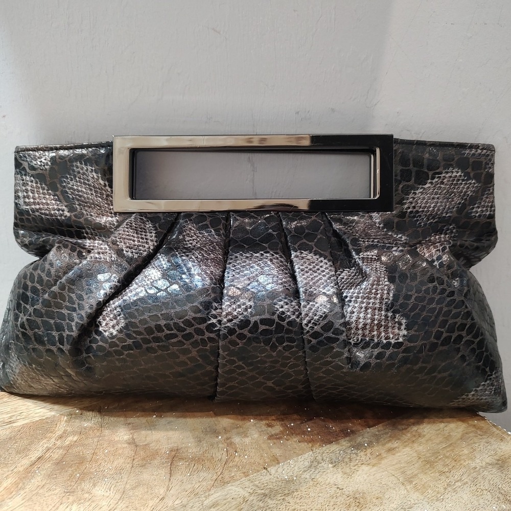Vtg Jessica McClintock Faux Snake Skin Black Grey Envelope Clutch Castle Core